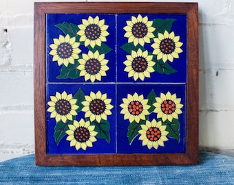 Ceramic Hot Plate, Vintage Sunflower Tile Trivet, Hanging Plate Decor