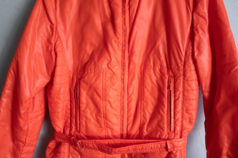 Vintage Orange Apres Ski Jacket Small Medium / 1980s Puffer Belted Coat image 6