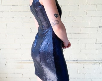 Vintage L'Wren Scott Sequin Mini Dress, Navy Blue Party Dress (Size 0)