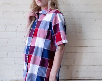 70s Patchwork Style Shirt, Vintage Short Sleeve Button Up, Red White Blue Unisex Oxford, Medium