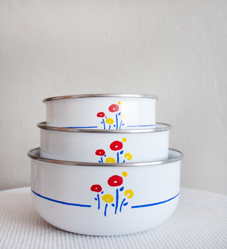 1970s Nesting Bowls, Floral Kitchen Bowls, Vintage Bowl Set, Metal ...
