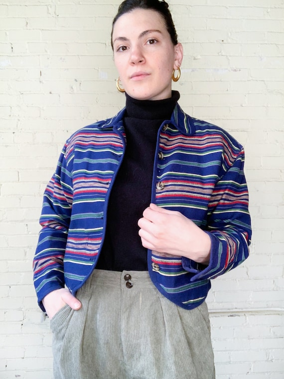 Cropped 1990s Vintage Rainbow Striped Cotton Jacke