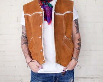 1980s Sherpa Lined Genuine Suede Vest, Vintage Lined Leather Tan Vest with Snap Closures