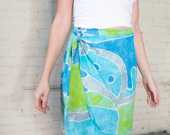 1990s Vintage Mini Wrap Skirt, Abstract Print in Green and Blue Small