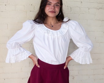 White Ruffle Collared Blouse, Vintage 1980s Peasant Pullover Long Sleeve Shirt