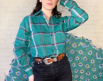 1980s Plaid Button Up, Long Sleeve Oxford, Green Plaid Collared Shirt, Cotton Blend Shirt