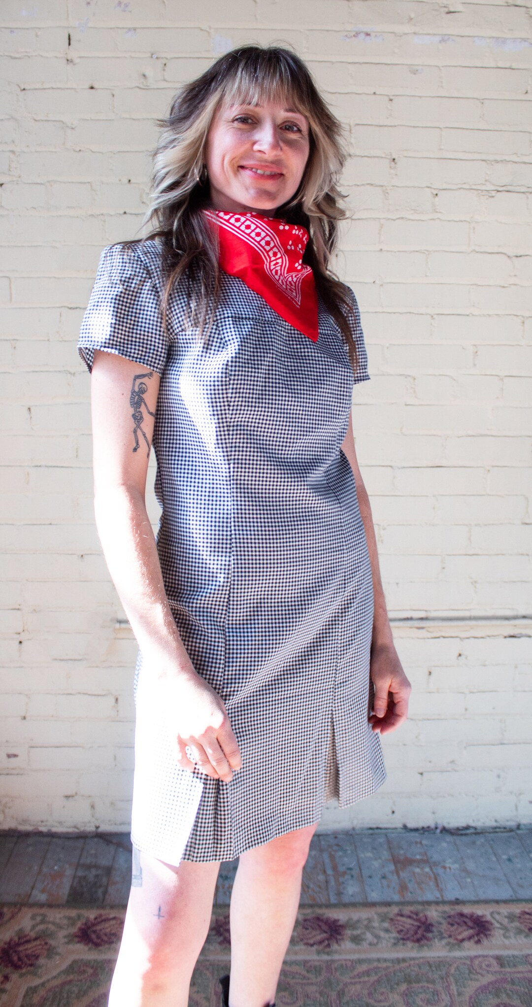 1990s Black and White Gingham Mini Dress, Vintage Checkered Plaid Dress, Summer Short Sleeve Fitted Dress, Size Small, Above Knee
