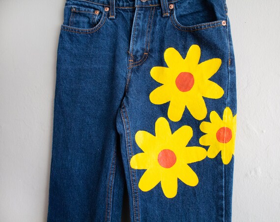 Vintage Hand Painted Denim Jeans With Red and Yel… - image 5