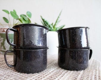 Vintage Black Enamel Mugs Set of Four / Metal Enamelware Coffee Mugs With Handles