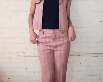 1970s Vintage Vest and Trouser Set, Pink Pinstripe Two Piece Set, Extra Small Small