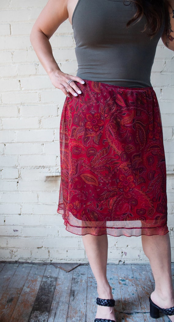 Red Paisley Skirt, Semi Sheer Knee Length Skirt, … - image 1