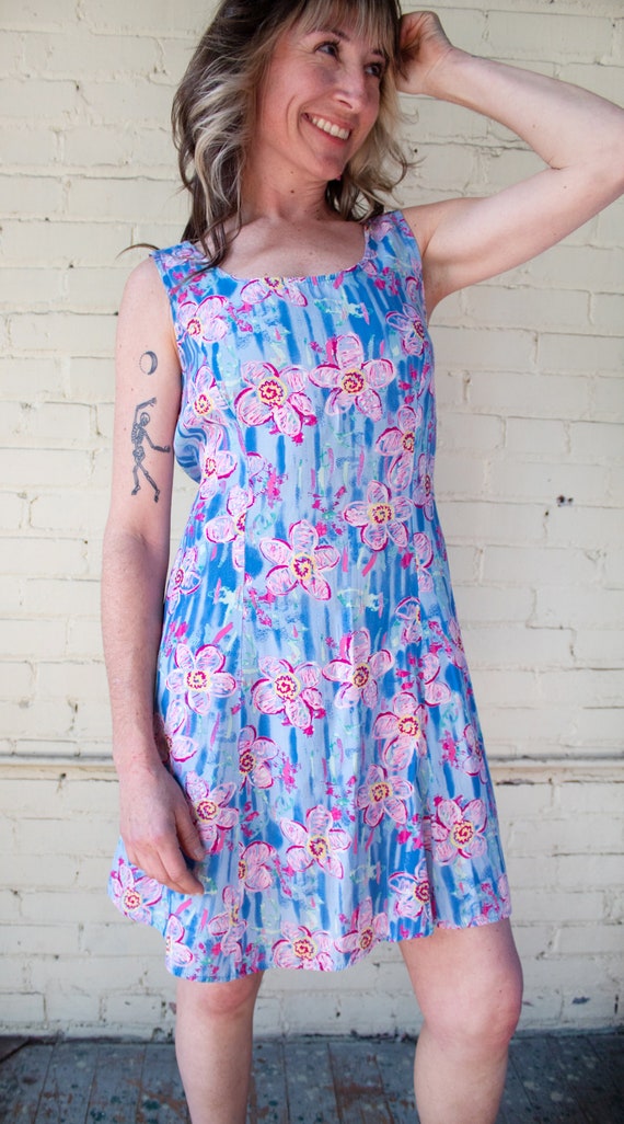 1990s Sundress Small / Blue and Pink Hawaiian Dre… - image 1