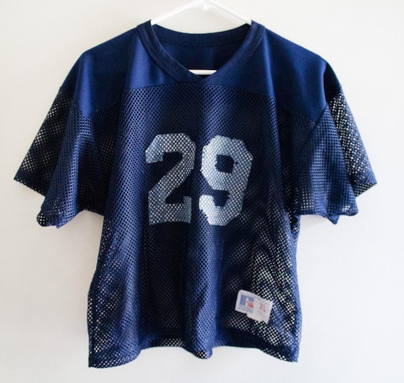 Vintage Russell Athletic Navy Pinney XL | Retro 80s–90s Numbered Jersey | Streetwear Athleisure Top | Made in USA | Oversized Sporty Tee