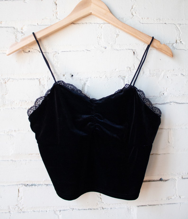 Y2K Velvet Tank, Black Strappy Crop, Spaghetti Strap Top, Vintage Tank Top with Lace Trim, Sweetheart Neckline Shirt, 90s Summer image 2