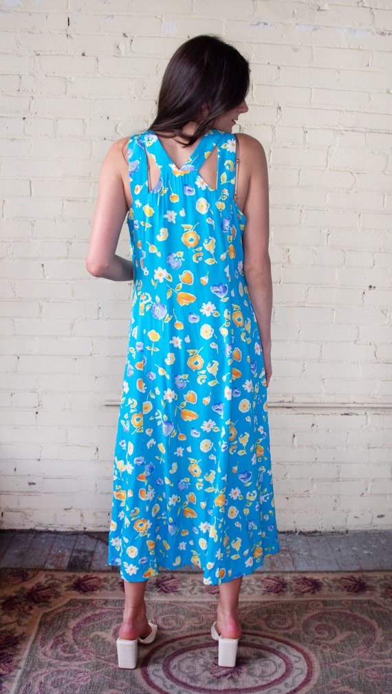 1990s Bright Blue Floral Dress, Fit and Flare Sun… - image 2