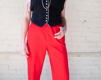 1970s Red High-Waist Trousers, Vintage Cropped Pants, 24" Waist