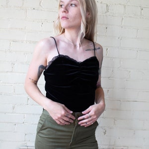 Y2K Velvet Tank, Black Strappy Crop, Spaghetti Strap Top, Vintage Tank Top with Lace Trim, Sweetheart Neckline Shirt, 90s Summer image 1