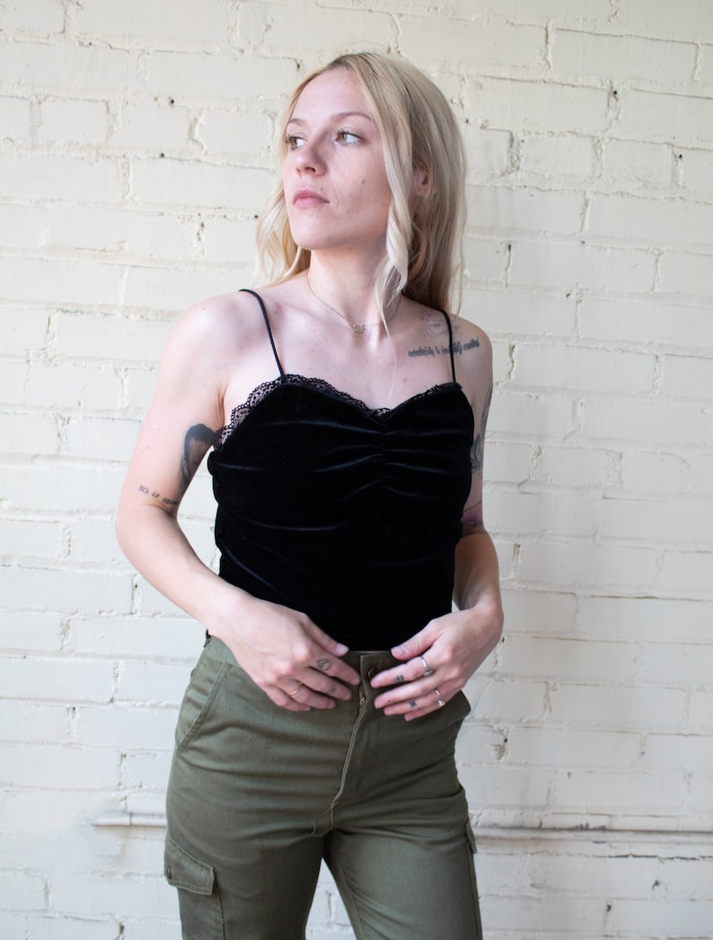 Y2K Velvet Tank, Black Strappy Crop, Spaghetti Strap Top, Vintage Tank Top with Lace Trim, Sweetheart Neckline Shirt, 90s Summer image 1