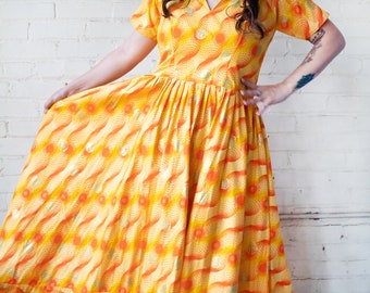 Fit and Flare Dress, 1960s Short Sleeve Dress, Full Length Abstract Print Dress, Yellow Orange Sunburst Pattern Dress, Summer Sundress