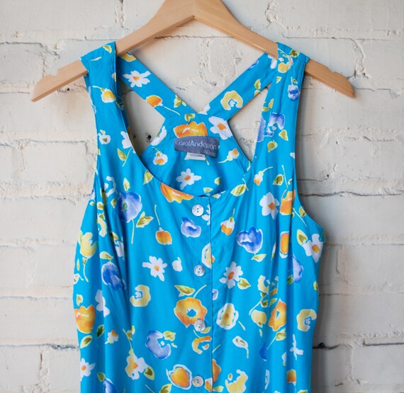 1990s Bright Blue Floral Dress, Fit and Flare Sun… - image 7