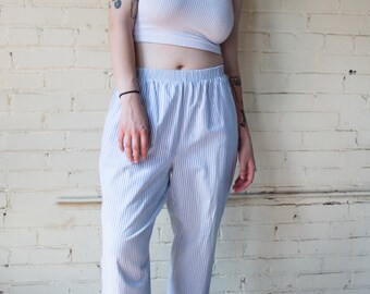 1980s 1990s Summer Blue White Striped Cropped Pants Medium Large / Vintage Vertical Striped Elastic Waist Pants 30 Waist Womens Unisex