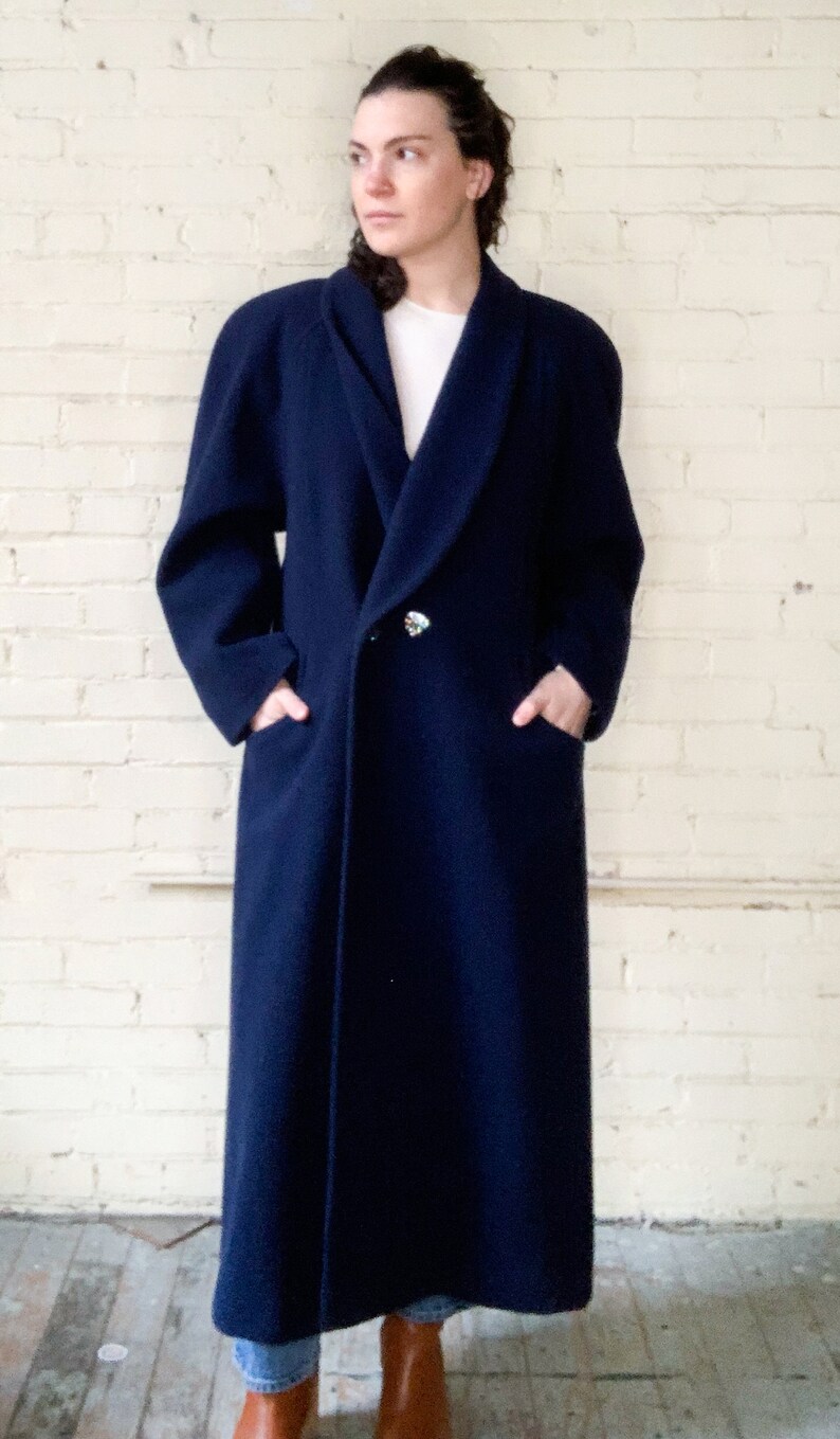 Wool Pendleton Coat / Full Length Jacket / Navy Blue Winter Coat, Medium Large image 1