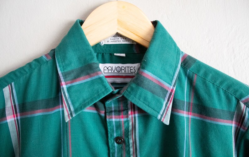 Boutonné à carreaux écossais des années 1980, oxford à manches longues, chemise à col écossais verte, chemise en coton mélangé image 3