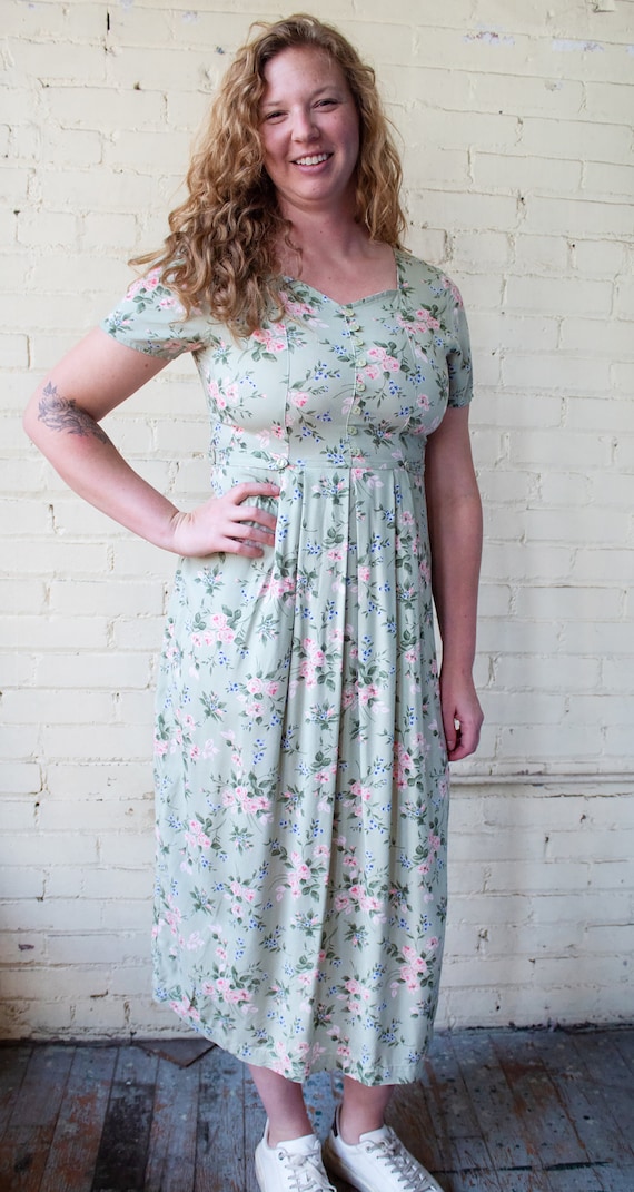 90s Green Floral Dress, Short Sleeve Sundress, Cas