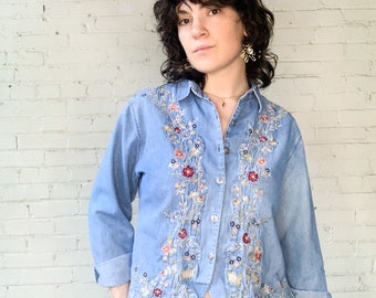 1990s Embroidered Cotton Denim Button Down, Vintage Fall Long Sleeve Collared Shirt with Silver Buttons, Unisex Medium