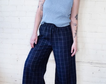 Wildfang Plaid Wide Leg Trousers, Wool Blend Cropped Drawstring Pants