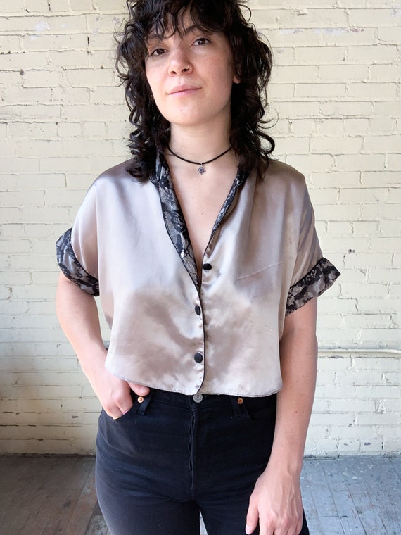 1990s Silk and Lace Cropped Blouse, Gray and Black