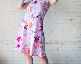 Y2K Vintage A Line Halter Dress, Pink European Print Sundress, Knee Length Summer Circle Dress, Size Medium Large