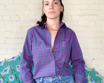 Vintage 80s Plaid Button Up Blouse: Purple & Teal Check, Small