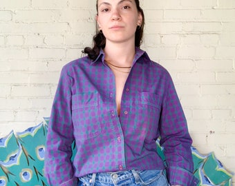 1970s 1980s Purple Green Checkered Button Up Blouse Small / Vintage Fall Plaid Collared Long Sleeve Shirt Womens Unisex