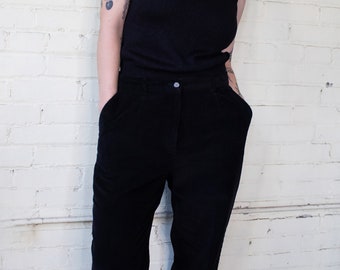 Vintage Wide Leg Corduroy Pants, 1990s Black High Waisted Trousers, Unisex Womens 32" Waist