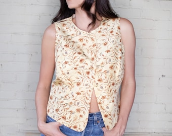 Vintage Silk Vest For Women, Floral Casual Vest, Yellow Summer Vest Small