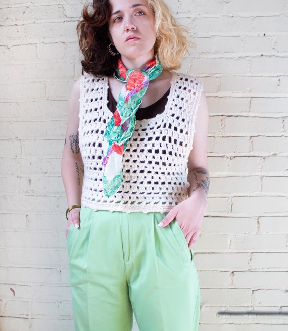 70s Italian Wool Vest / Off White Crocheted Vest /