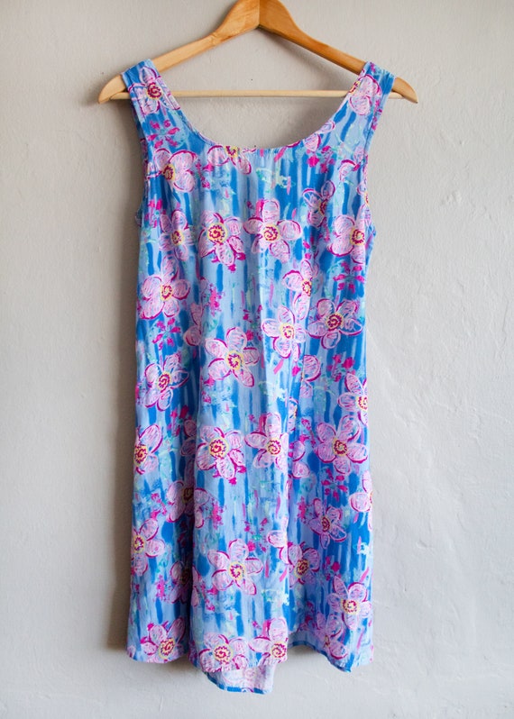 1990s Sundress Small / Blue and Pink Hawaiian Dre… - image 2