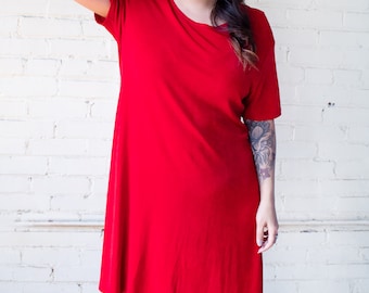 90s Solid Red Shirtdress, Short Sleeve Spandex Sundress, Below the Knee Summer Dress, Casual Daytime Sundress Medium Large