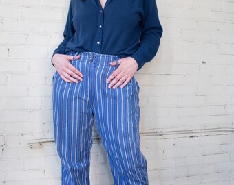 Vintage Striped Cotton Trousers, 1980s Blue High Waist Tapered Pants, 28" Waist, Small - Medium