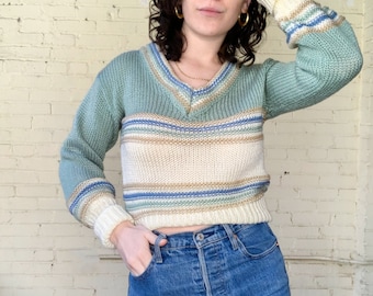 80s Handmade Sweater / Striped Green Sweater / V Neck Knit Sweater Womens Size Small