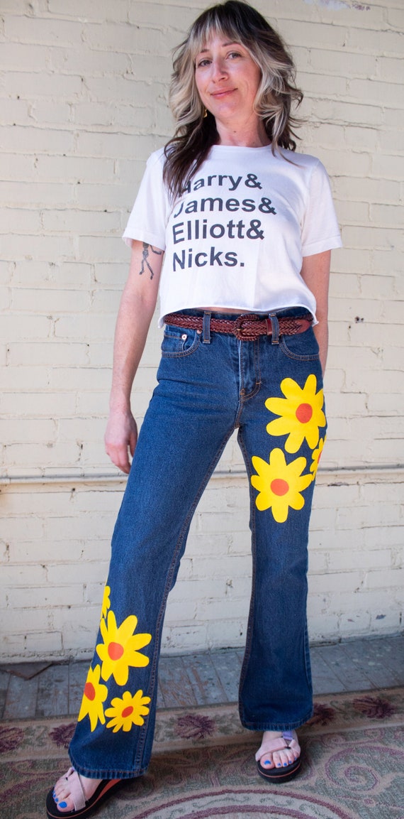 Vintage Hand Painted Denim Jeans With Red and Yellow Floral Design / High  Waisted Jordache Flared Jeans, Small Size 3/4 