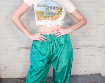 Silk Drawstring Pants, Emerald Green Pants, Vintage Joggers, 80s Lightweight Pants, High Waist Pants, 26" Waist