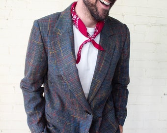 1990s Gray Plaid Wool Blend Blazer, Vintage Multicolored Unisex Blazer Size 12 Medium