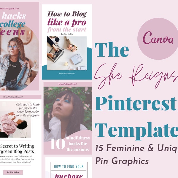 The She Reigns Editable Canva Pinterest Templates | 15 Modern Pin Templates | Feminine Pinterest Graphics