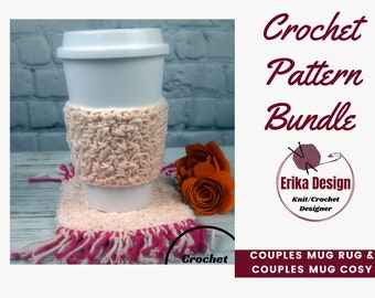 Crochet mug rug pattern, cup cozy, crochet pattern bundle, 2 patterns in one, mug sleeves pattern, coaster, crochet cup cozy pattern