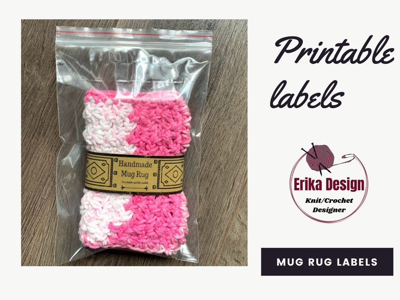 printable labels, mug rug labels, crochet labels, cup rug, handmade label, mug rug tag, market display, packaging, coaster image 1