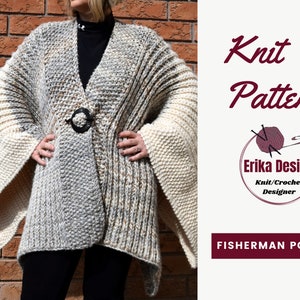 Fisherman poncho, Blanket poncho knitting pattern, brioche pattern, advanced beginner pattern, womens knit poncho pattern, ruana pattern