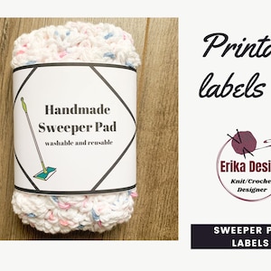 May include: Printable labels for handmade sweeper pads. The label features a white background with black text that reads "Handmade Sweeper Pad, washable and reusable". A green and blue illustration of a sweeper is below the text.