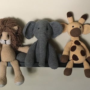 Amigurumi, Safari Trio includes: elephant, giraffe and lion, Baby room shelf decoration, Crocheted animals, Unique baby shower gift